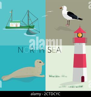 Durante l'estate. Mare del Nord presso la spiaggia con il faro, la pesca in barca, la guarnizione e il sea gull. Illustrazione Vettoriale