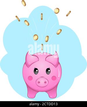 Carino banca piggy con monete una vista frontale. Simbolo concettuale del risparmio di denaro. Illustrazione disegnata a mano isolata su sfondo bianco. Icona vettore. Elemento di progettazione per operazioni bancarie, di deposito, di segno finanziario. Illustrazione Vettoriale