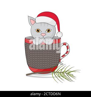 Gatto allegro nel cappello di babbo natale seduto in coppa rossa, illustrazione vettoriale. Illustrazione Vettoriale