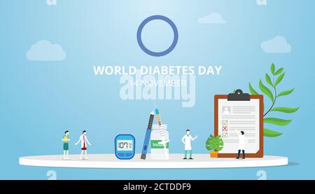 concetto di giornata mondiale del diabete il 14 novembre con il medico della gente e cartella clinica Illustrazione Vettoriale