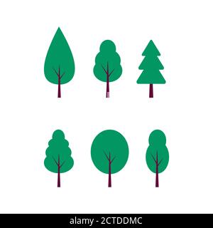 Raccolta di alberi pianeggianti set. albero forestale, piante naturali isolato su sfondo bianco. Icona Vector eco fogliame. Illustrazione Vettoriale