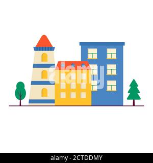 Piccole case moderne facciata con finestra, garage, balcone e tetto. Esterno dell'appartamento con alberi. Illustrazione vettoriale del paesaggio urbano. bac semplice Illustrazione Vettoriale