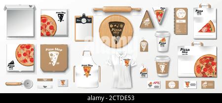 Mockup per pizzeria, caffè o ristorante. Set di branding realistico di poster, scatola di fette di pizza, uniforme, confezione di cartone. Elementi di mockup della pizza Illustrazione Vettoriale