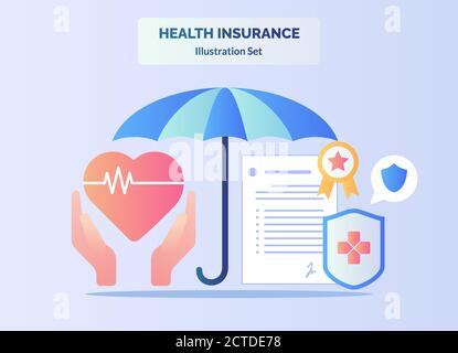 Concetto di assicurazione medica ombrello mano su certificato lettera accordo cardiaco con stile piatto cartone animato. Illustrazione Vettoriale
