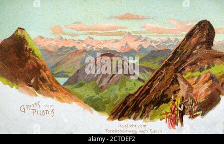 Una vista storica a sud da Tomlishorn, i monti Pilatus, le Alpi Emmentali, la Svizzera, tratta da una cartolina del 1905. Foto Stock