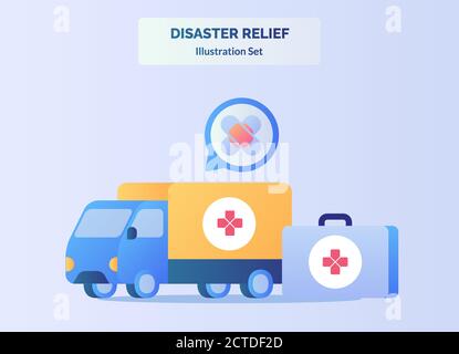 Concetto di soccorso in caso di emergenza furgone veicolo trasportano il dispositivo medico con piano stile cartone animato Illustrazione Vettoriale
