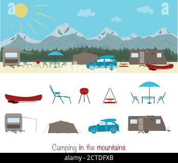 Estate. Campeggio in montagna con caravan, tenda e canoa. Illustrazione Vettoriale