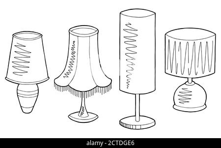 Schema di illustrazione del set di lampade nero bianco isolato Illustrazione Vettoriale