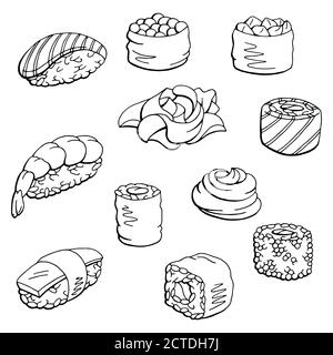 Sushi set grafico nero bianco isolato cibo disegno vettore Illustrazione Vettoriale