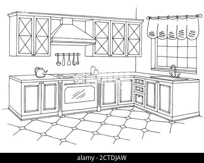 Cucina grafica camera interna nero bianco disegno vettore illustrazione Illustrazione Vettoriale