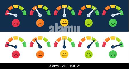 Insieme di icone tachimetro e contagiri. Set tachimetro a colori. Scala dalla misurazione delle prestazioni in rosso a quella in verde. Valutazione del concetto di soddisfazione con emo Illustrazione Vettoriale