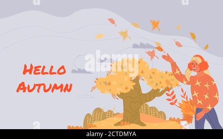 Ciao banner autunnale con ragazza che cammina nel parco, piatto vettore illustrazione. Illustrazione Vettoriale