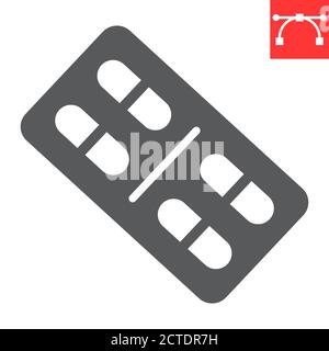 Pills glyph icona, medico e tavoletta, segno di droga grafica vettoriale, modificabile traccia solido icona, eps 10. Illustrazione Vettoriale