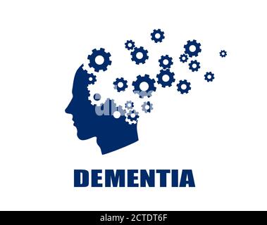 Perdita di memoria dovuta a demenza o malattia di Alzheimer. Forma vettoriale di una testa umana che perde ingranaggi come simbolo della funzione mentale in declino. Illustrazione Vettoriale