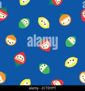 Carino kawaii agrumi e fragola senza cuciture vettore modello sfondo. Limoni fumetti, lime, arance, bacche su sfondo blu cobalto Illustrazione Vettoriale