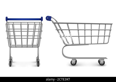 Carrello spesa vista posteriore e laterale, carrello supermercato vuoto isolato su sfondo bianco. Attrezzature per i clienti per l'acquisto in negozi al dettaglio, alimentari e negozi. Illustrazione vettoriale 3d realistica Illustrazione Vettoriale