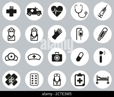 Icone del team di ambulanza o di pronto intervento in bianco e nero piatto Set cerchio di design Grande Illustrazione Vettoriale