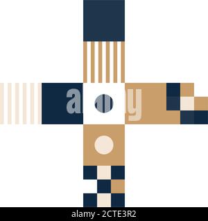 Grafica pixel vettoriale più contrassegno. Il simbolo colorato è costituito da moduli da strisce, quadrati e punti su sfondo bianco. Alfabeto geometrico per poster come Illustrazione Vettoriale