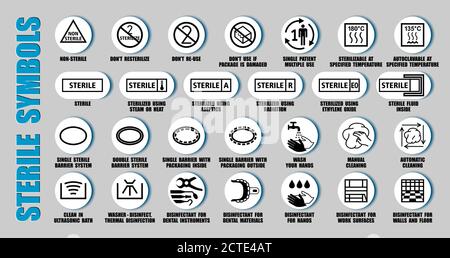 Set vettoriale completo di simboli sterilizzati e disinfettanti per la confezione di dispositivi medici, utilizzando icone ISO e FDA. Pittogrammi di imballaggio del medicinale per la pulizia Illustrazione Vettoriale