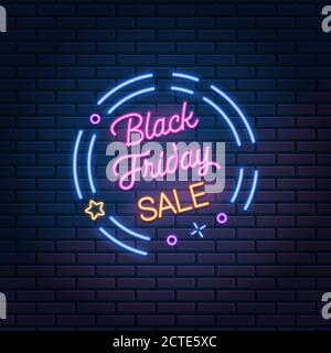 Black Friday Vendita incandescente segno neon su sfondo muro di mattoni scuri, illustrazione vettoriale. Banner pubblicitario di sconto per lo shopping Illustrazione Vettoriale