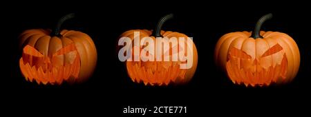 Rappresentazione 3D di 3 zucche di Halloween su sfondo nero, scatto panoramico ad alta risoluzione. Foto Stock