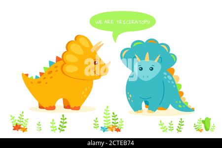 Dinosauro Triceratops con bolla del parlato. Dinosauro colorato con piante e fiori. Design per bambini per tessuti o tessuti. Illustrazione vettoriale isolata su sfondo bianco Illustrazione Vettoriale