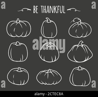 Set di icone di zucca bianca d'autunno. Segno lineare Ringraziamento e Halloween, stagione di raccolto capacità. Sagoma contorno forma diversa gourd. Pittogramma stile lineare. Isolato su illustrazione vettoriale scura Illustrazione Vettoriale