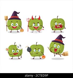 Emoticon di espressione di Halloween con il carattere cartoon di mela verde Illustrazione Vettoriale