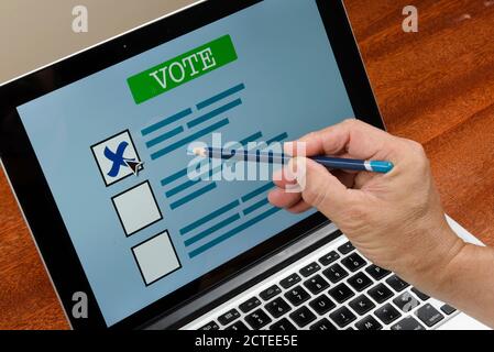 Persona che vota sul computer via Internet Foto Stock