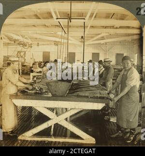 Salmone macellante--interno di un'istituzione inscatolante, Astoria, Oregon, U.S.A., Keystone View Company, Oregon Foto Stock