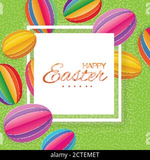 Ecard Pasqua felice Origami. Uovo di Pasqua in carta colorata, forma ovale. Cornice quadrata bianca. Sfondo verde. Illustrazione vettoriale. Illustrazione Vettoriale
