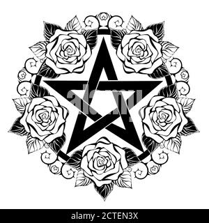 Pentagramma nero con contorno, rose artisticamente disegnate con foglie e gambo spinoso su sfondo bianco. Simbolo Wiccan. Illustrazione Vettoriale