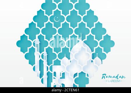 Finestra della Moschea Blu. Biglietto d'auguri per Origami Ramadan Kareem con motivo arabico arabesco. Mese Santo dei musulmani. Luna di Crescent. Simbolo dell'Islam. Applicazione Illustrazione Vettoriale