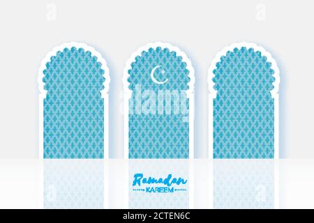 Moschea Blu finestra . Biglietto d'auguri per Origami Ramadan Kareem. Modello arabo arabesco. Mese Santo dei musulmani. Luna di Crescent. Simbolo dell'Islam. Illu. Vettore Illustrazione Vettoriale