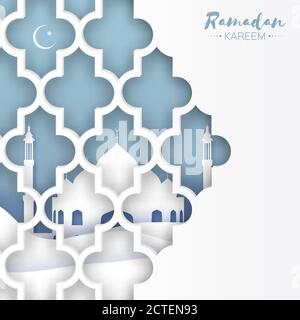 Moschea Blu finestra . Biglietto d'auguri per Origami Ramadan Kareem con motivo arabico arabesco. Mese Santo dei musulmani. Luna di Crescent. Simbolo dell'Islam. Applicazione Illustrazione Vettoriale