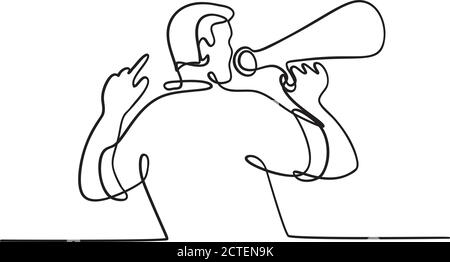 Disegno a linea continua illustrazione di un attivista o protettore maschile che parla con corno, megafono, altoparlante o altoparlante visto da don posteriore Illustrazione Vettoriale