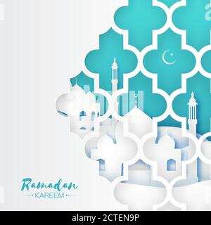 Finestra della Moschea Blu. Biglietto d'auguri per Origami Ramadan Kareem con motivo arabico arabesco. Mese Santo dei musulmani. Luna di Crescent. Simbolo dell'Islam. Applicazione Illustrazione Vettoriale