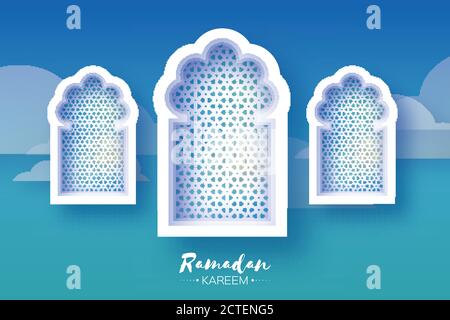 Moschea Blu finestra . Biglietto d'auguri per Origami Ramadan Kareem. Modello arabo arabesco. Intorbidimento della carta. Mese Santo dei musulmani. Luna di Crescent. Simbolo di i Illustrazione Vettoriale