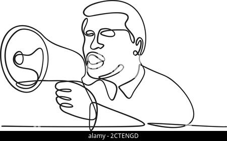 Disegno a linea continua illustrazione di un attivista o protettore maschile che grida con corno, megafono, altoparlante o altoparlante visto dalla parte anteriore do Illustrazione Vettoriale