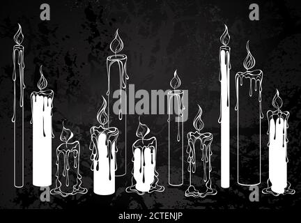 Composizione di candele bianche, contorno su fondo nero testurizzato. Illustrazione Vettoriale