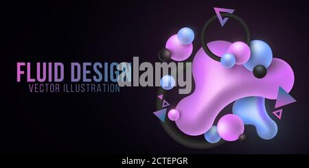 Forma liquida viola e blu luminescente su sfondo scuro. Concetto di forme a gradiente fluido. Elementi geometrici al neon incandescenti. Sfondo futuristico. Illustrazione Vettoriale