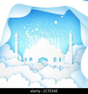 Blue Ramadan Kareem Greeting Card. Finestra della Moschea di Origami. Intorbidimento della carta. Mese Santo dei musulmani. Simbolo dell'Islam. Luna di Crescent. Festa islamica cele Illustrazione Vettoriale