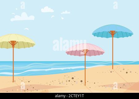 Estate all'aperto. Ombrelloni. Mare e sabbia. Estate. Illustrazione del vettore Beach Rest Illustrazione Vettoriale