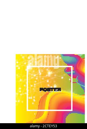 Poster. Forme colorate di fumo Wave con cornice quadrata. Spazio per il testo. Effetto dinamico giallo astratto. Modello vettoriale moderno. Poligona geometrica bianca Illustrazione Vettoriale