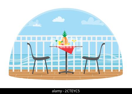 Sedie e tavolo sulla terrazza balcone nel ristorante Vista sul mare. Paesaggio dell'acqua. Cena picnic con frutta. Ananas. Vettore di stile piatto i Illustrazione Vettoriale