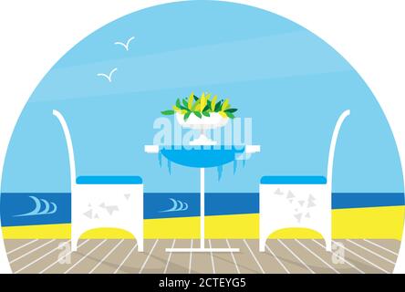 Sedie e tavolo sulla terrazza balcone nel ristorante Vista sul mare. Paesaggio dell'acqua. Vaso con fiore. Illustrazione vettoriale di stile piatto. Illustrazione Vettoriale
