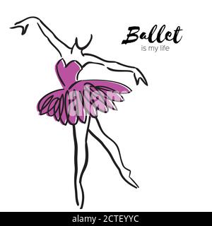 Ballerina viola. Il Balletto è la mia vita disegnata a mano. Corpo perfetto . Ballerina indossa. Donna in tutu in posizione di performance. Illustrazione vettoriale Illustrazione Vettoriale