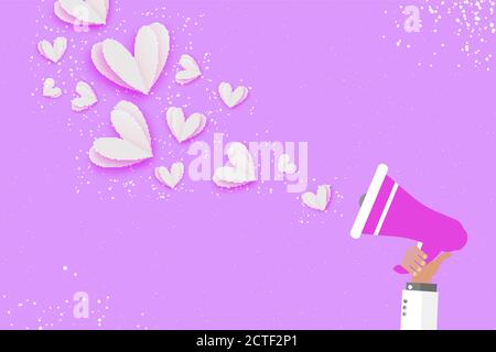 Megafono con Flying Origami Love White Hearts. Concetto di San Valentino. Spazio per il testo. Sia il mio valentine.14 febbraio. Tessera romantica. Vettore il Illustrazione Vettoriale