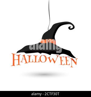 Happy banner di testo tipografico di Halloween e grande cappello nero strega decorazione cartoon su disegno vettoriale superiore Illustrazione Vettoriale