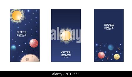 Illustrazione del vettore cosmico con i pianeti dell'universo di fantasia. Set di modelli di banner. Sfondo dello spazio. Illustrazione Vettoriale